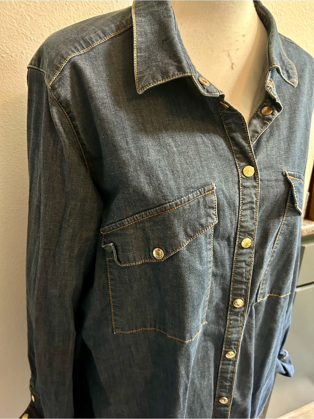 Ashley Graham Denim Shirt Dress in Dark Blues snap front - Picture 2 of 4